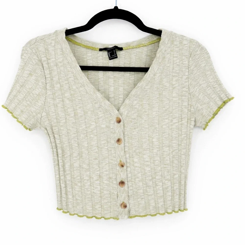 Forever 21 Y2K Ribbed Button Front Crop Baby Tee Top Green White Size L‎ Lettuce